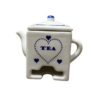 Tea Bag Holder Dispenser Blue White Hearts Farmhouse Style Cottagecore Porcelain